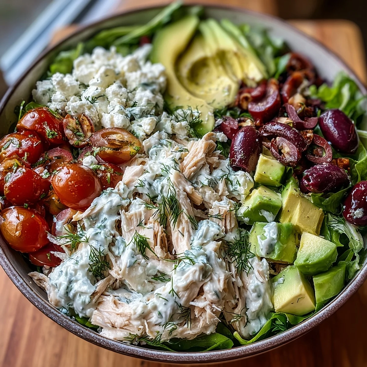 Close-up on Tzatziki Chicken Salad showing tender rotisserie chicken tossed with Greek yogurt, cucumbers, and bright lemon zest.