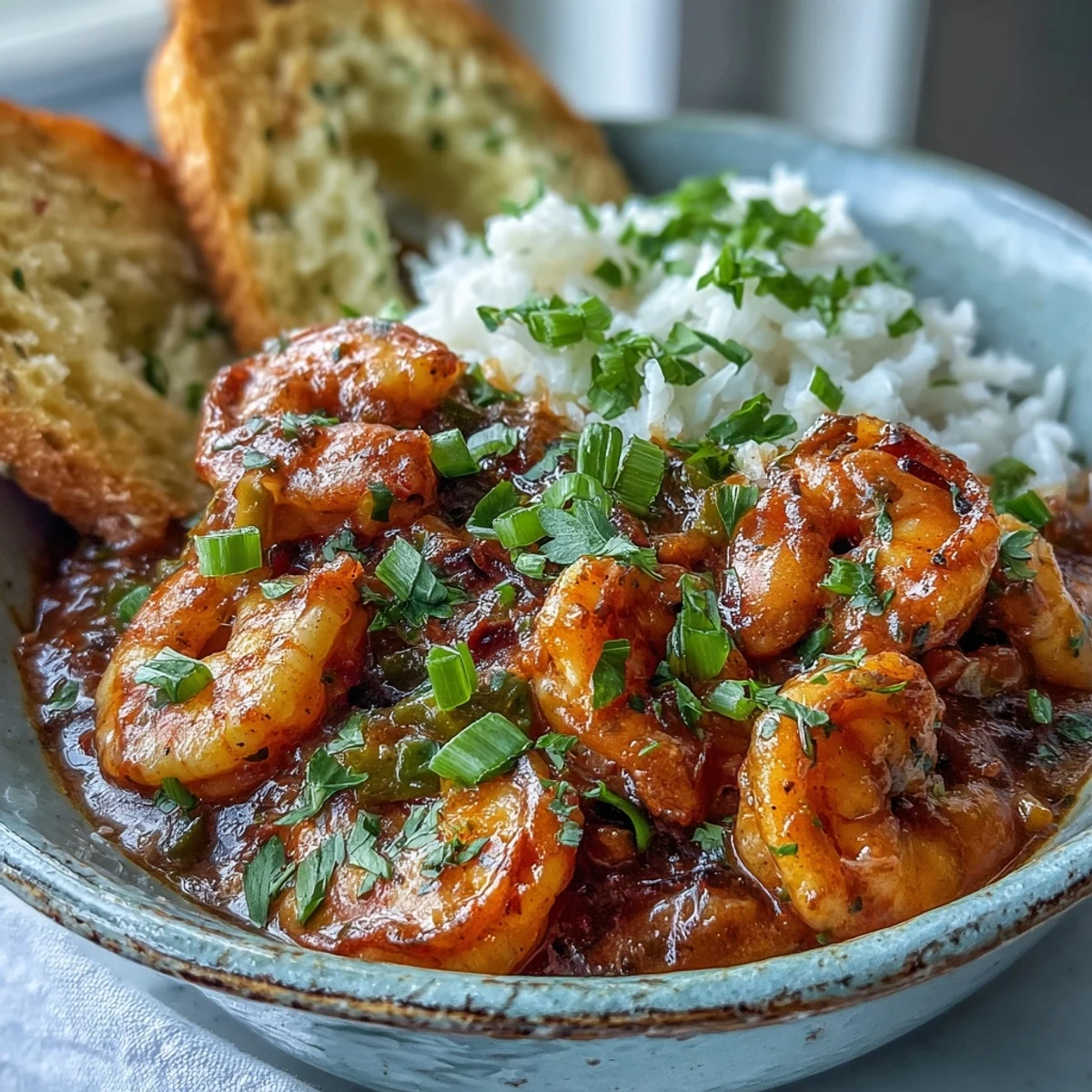 Classic New Orleans Étouffée served over fluffy white rice, garnished with fresh parsley and green onions for a vibrant dinner.