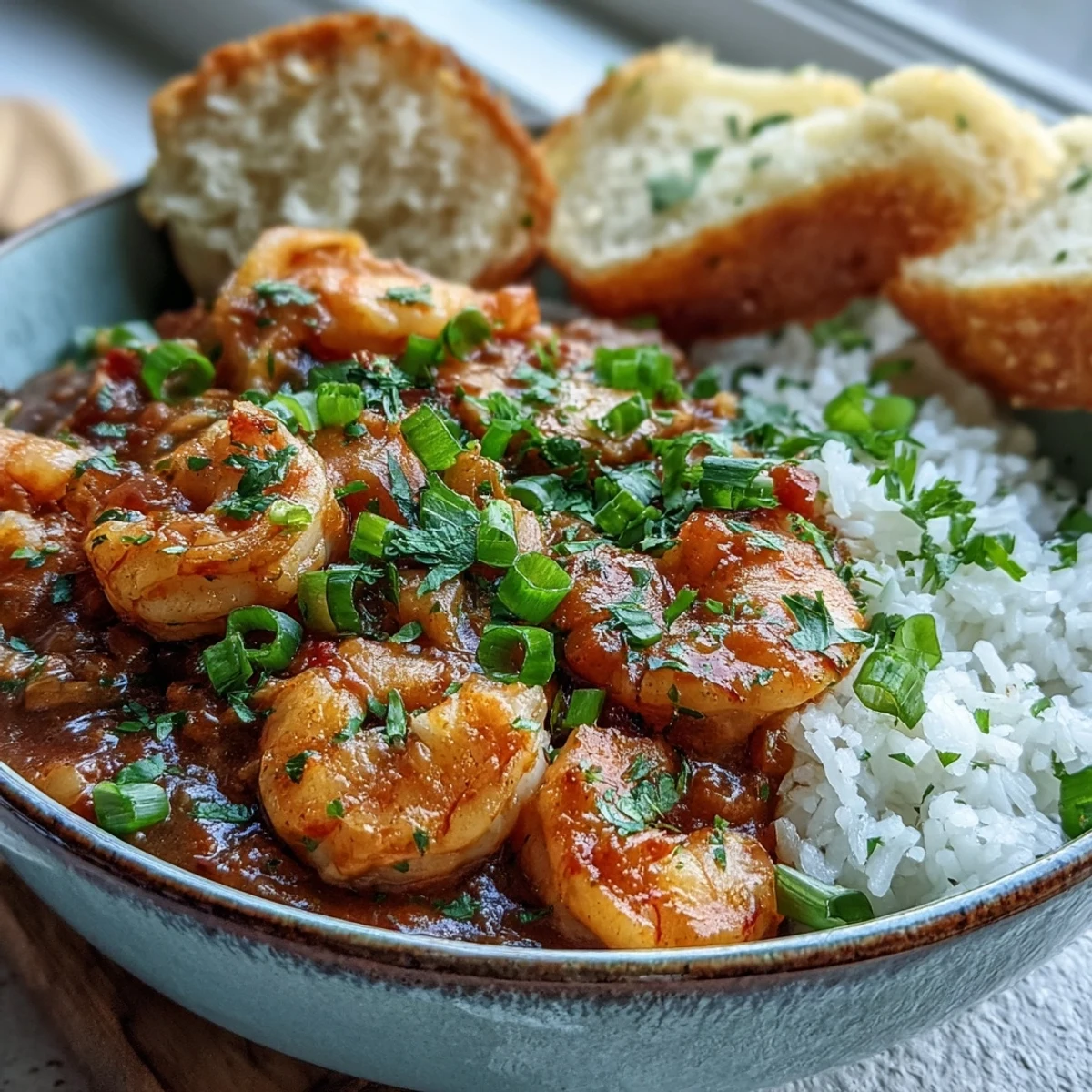 A skillet of Classic New Orleans Étouffée beside warm French bread, ready for a cozy pescatarian dinner for four.