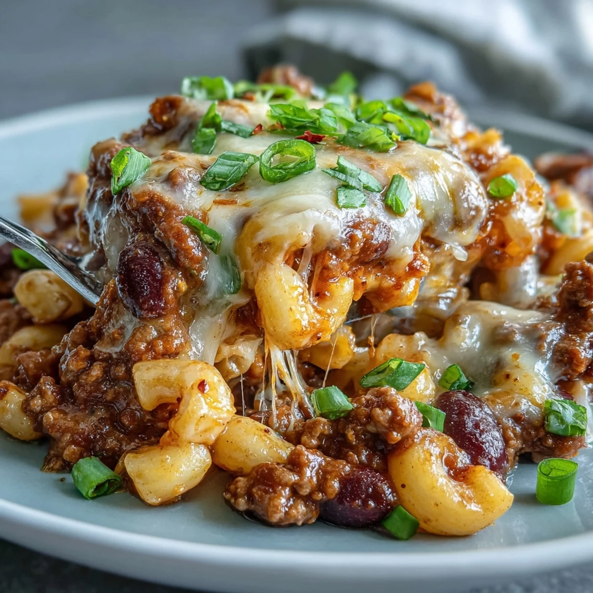 Creamy One-Pan High Protein Chili Mac with shredded cheddar and ground beef served in a rustic bowl.