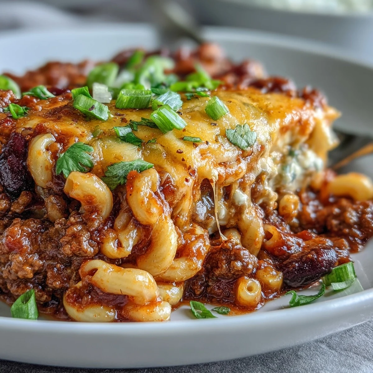 One-Pan High Protein Chili Mac simmering in a cast-iron pot with bubbling cheese and smoky spices.