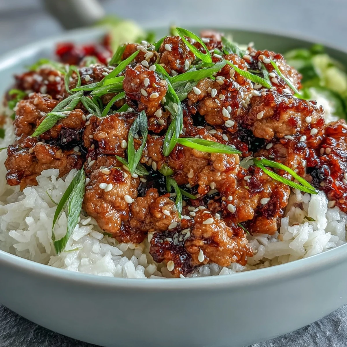 Savory Korean-Style Ground Turkey served steaming in a bowl over fluffy white rice with chives.