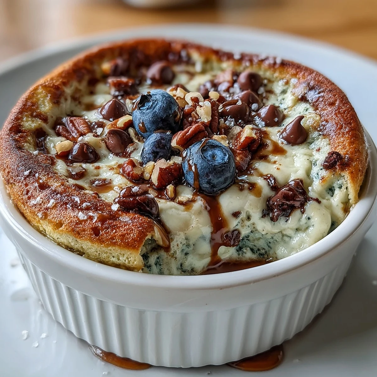 Golden-brown Baked Protein Pancake Bowl with melted chocolate chips and fresh berries bubbling on top.