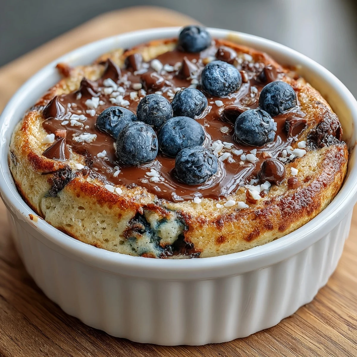 Just-baked Baked Protein Pancake Bowl ready to serve, topped with creamy yogurt, peanut butter, and maple syrup.
