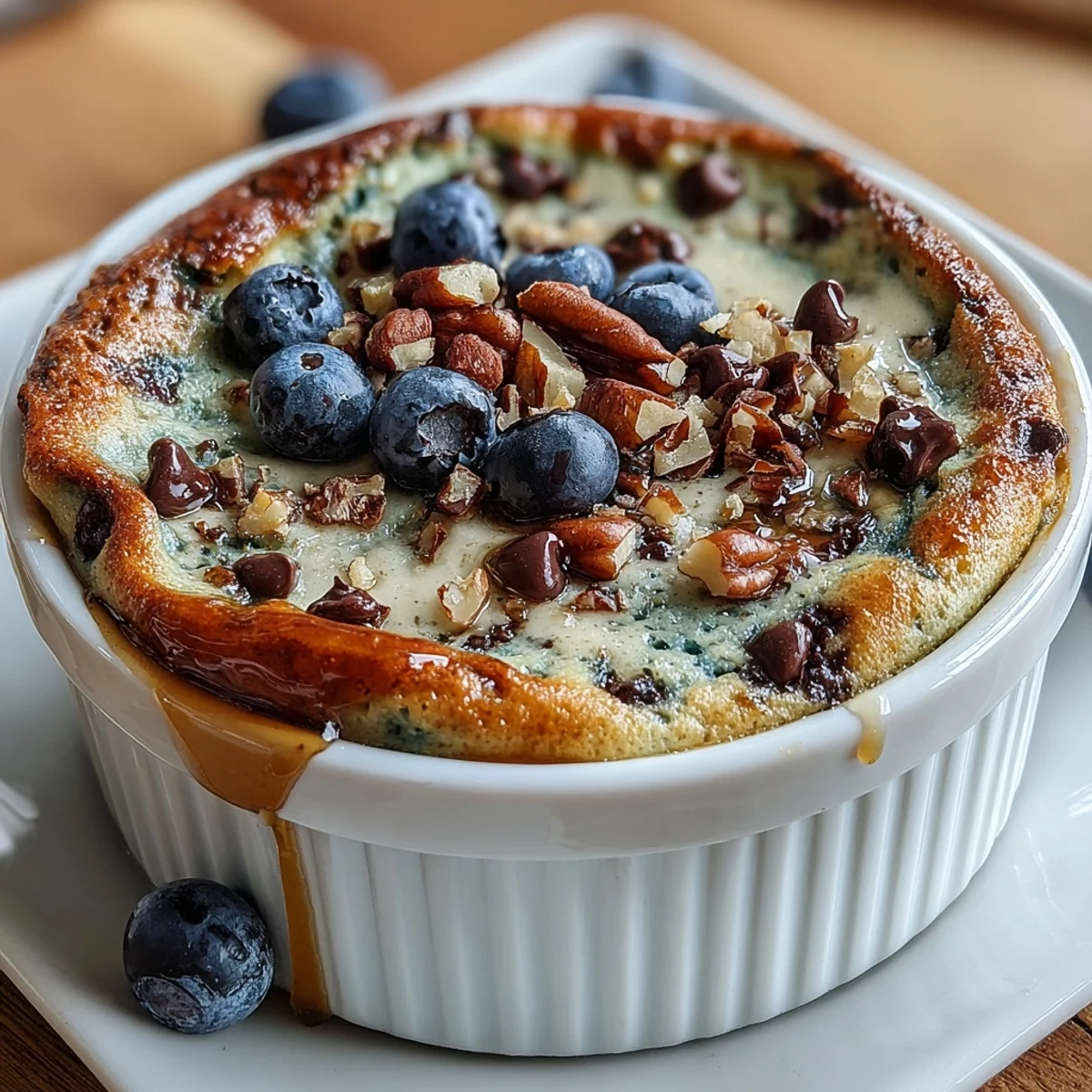 Single-serve Baked Protein Pancake Bowl with fluffy interior and golden crust, served warm in a ramekin.