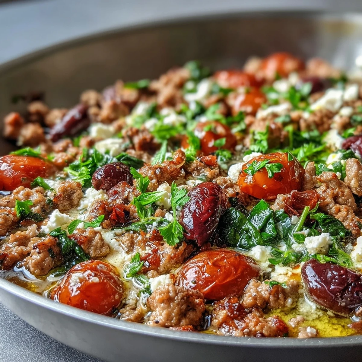 Sizzling Mediterranean Keto Ground Chicken Skillet with Kalamata olives, tomatoes, and feta, perfect for a low-carb weeknight dinner.