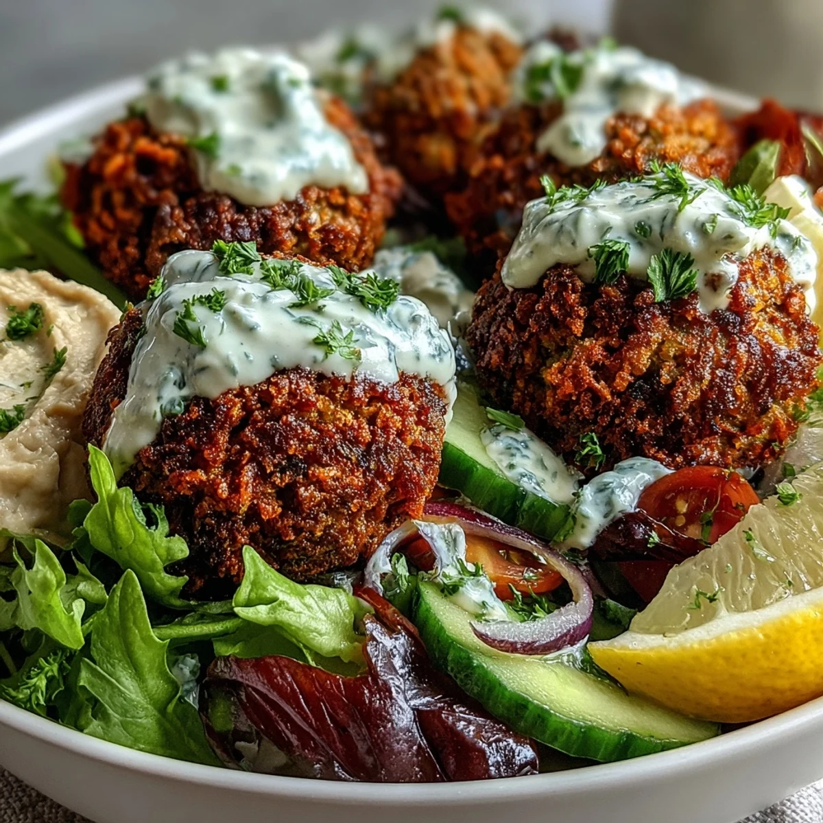 Crispy falafel balls rest on creamy hummus and fresh greens in this vibrant Falafel Bowl. 