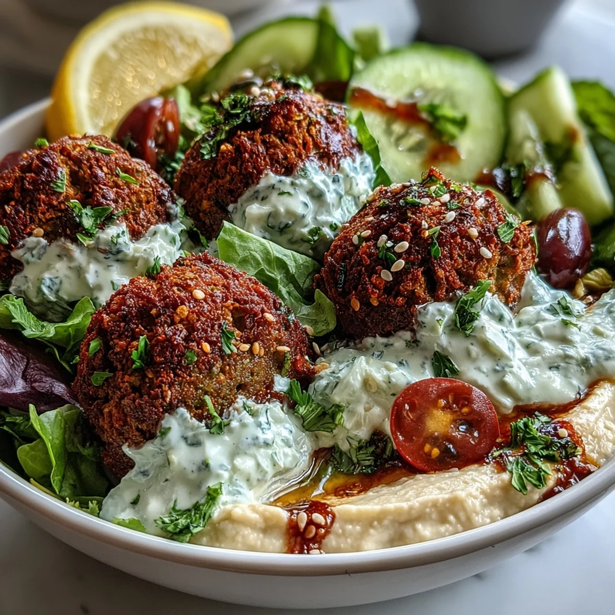 Spoon into a colorful Falafel Bowl featuring crunchy falafel and tangy Mediterranean toppings.