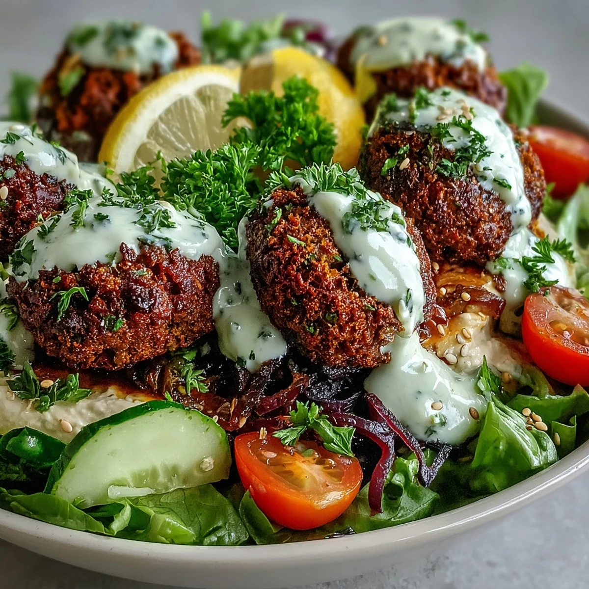A finished Falafel Bowl with hummus, tzatziki, and fresh vegetables, drizzled with tahini. 
