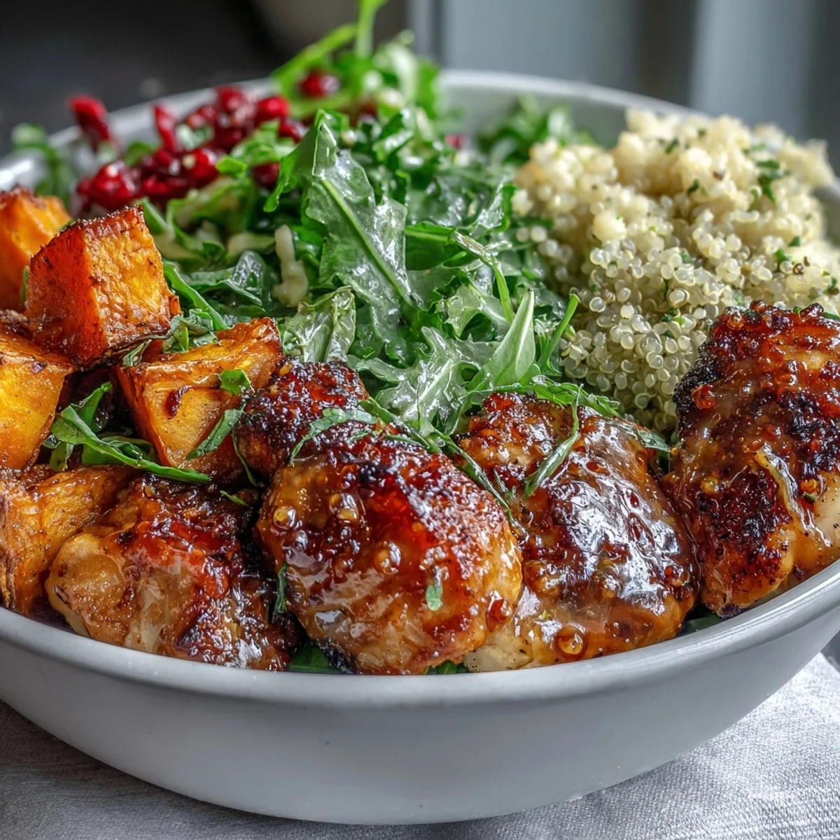 Spiced chicken and roasted sweet potatoes star in this Hot Honey Chicken Bowl, topped with vibrant red cabbage slaw and fluffy quinoa for a nourishing meal.