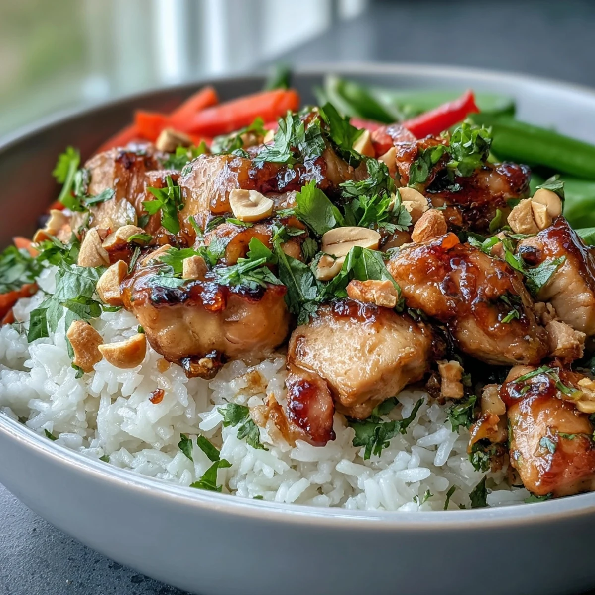 Freshly cooked Thai Chicken Coconut Bowl with creamy coconut rice, tender chicken, and crisp vegetables topped with herbs and peanuts.