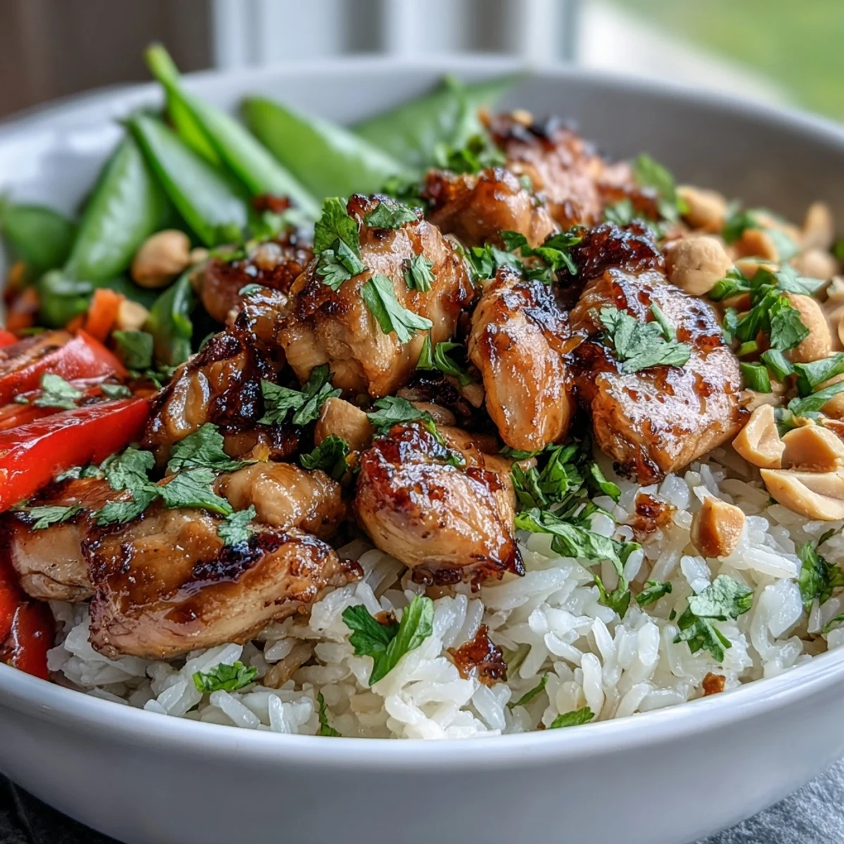 A vibrant Thai Chicken Coconut Bowl garnished with cilantro and lime, serving a flavorful gluten-free main dish.