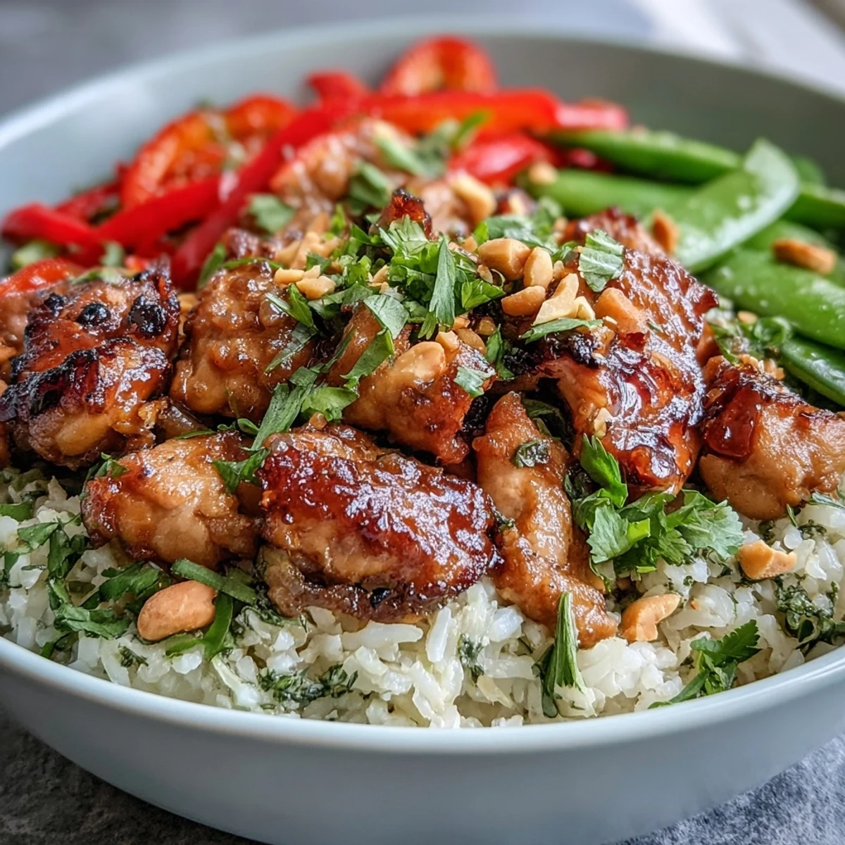 Delicious Thai Chicken Coconut Bowl featuring juicy chicken, colorful bell peppers, and snap peas in a savory-sweet sauce.