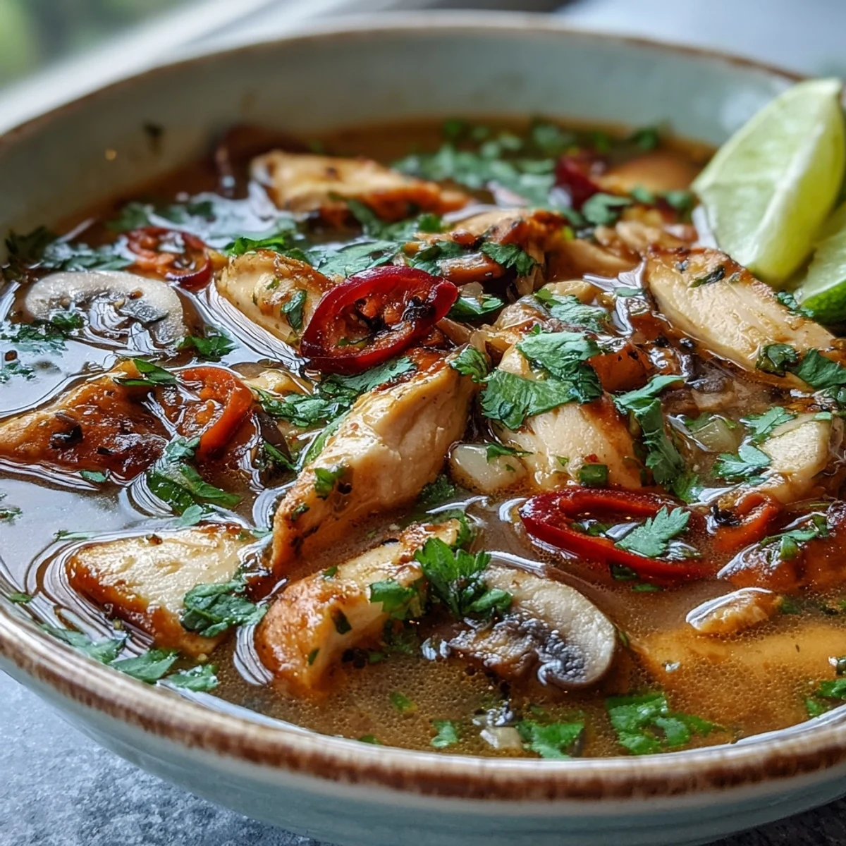 Creamy Thai Coconut Curry Soup Bowl topped with cilantro, chili, and lime wedges served with jasmine rice.