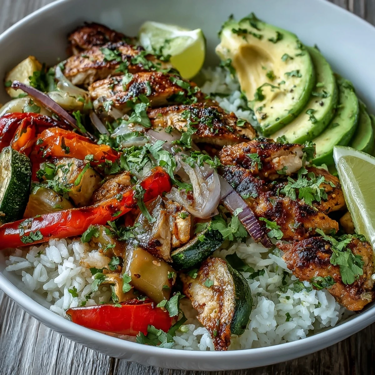 A close-up of a Sheet Pan Fajita Bowl topped with sliced avocado, fresh cilantro, and a lime wedge.