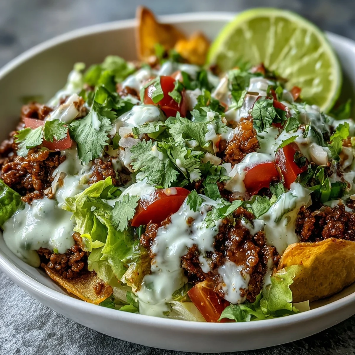 A vibrant Healthy Taco Bowl with seasoned ground beef, crisp romaine, tomatoes, and radishes topped with zesty lime yogurt crema.