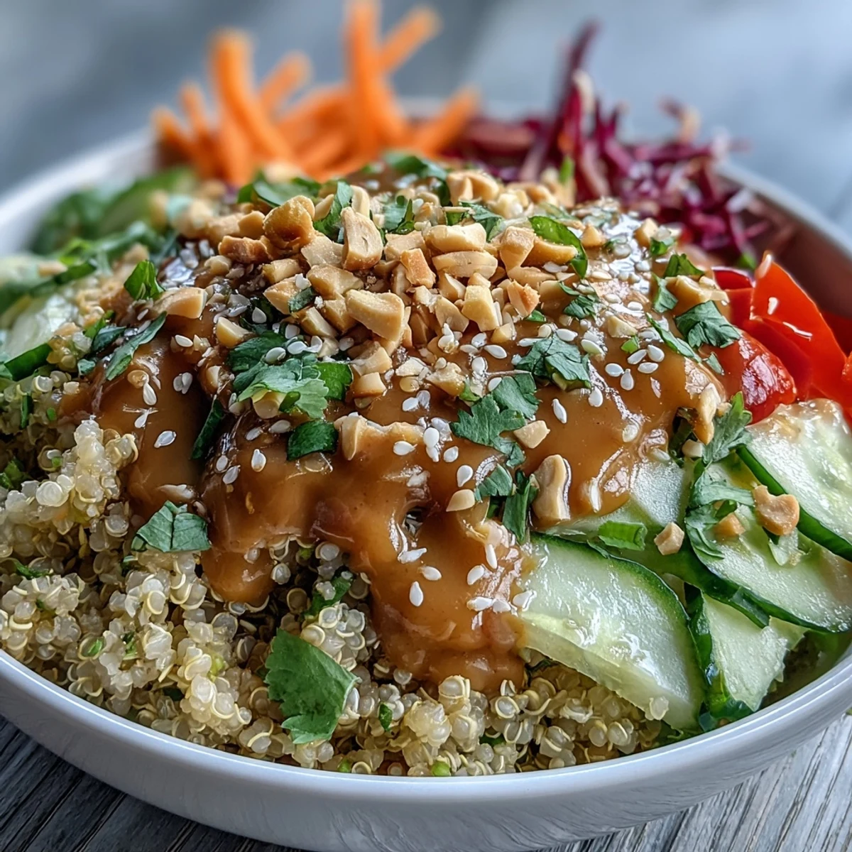 Colorful Thai Coconut Quinoa Bowl with crisp veggies and creamy peanut dressing.
