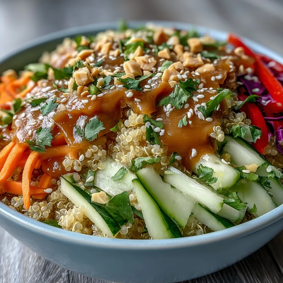 Fresh Thai Coconut Quinoa Bowl topped with crunchy cabbage and sesame seeds.