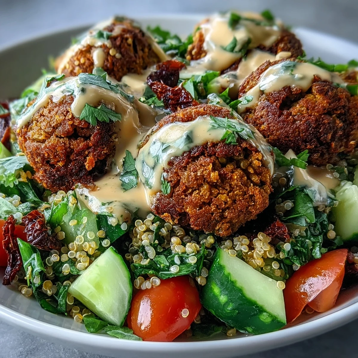 Freshly baked falafel balls rest on a bed of fluffy quinoa, dotted with diced cucumber and halved cherry tomatoes in a white bowl, ready for a creamy drizzle of garlic tahini sauce. 
