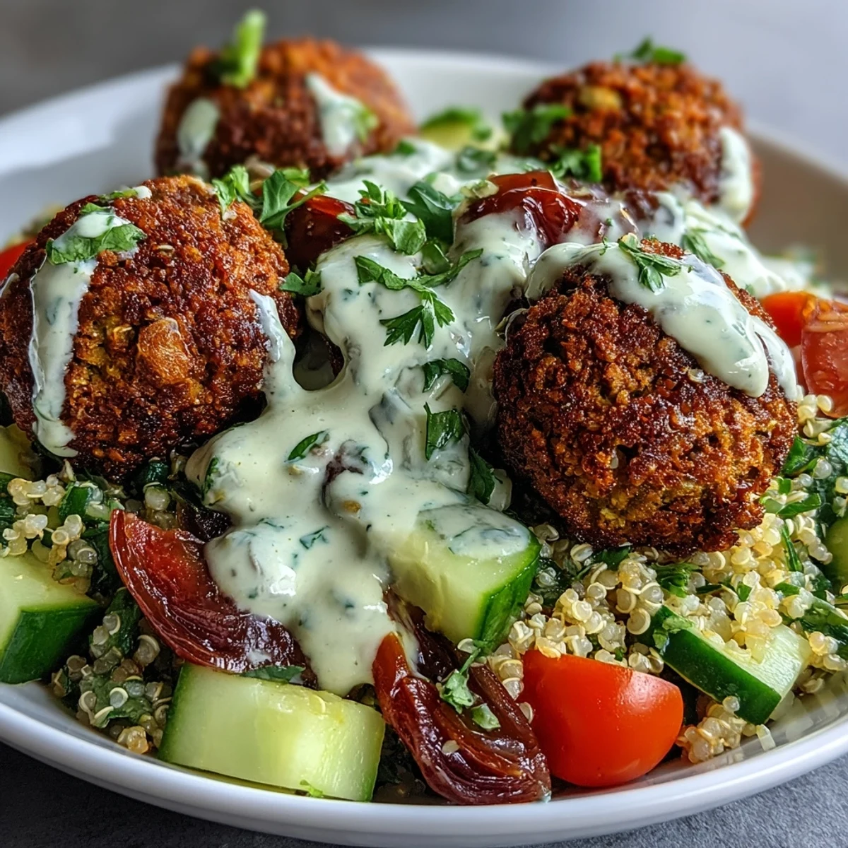 Crisp baked falafel is paired with fresh cucumber, red cherry tomatoes, and green onions atop fluffy quinoa in this wholesome vegetarian bowl. 