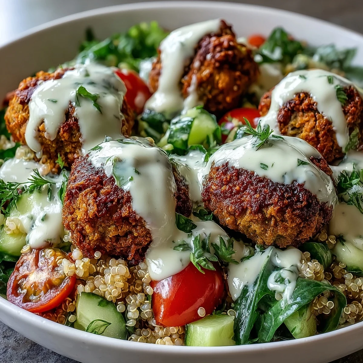 A vibrant Falafel Quinoa Salad Bowl features golden chickpea patties over seasoned quinoa and crunchy vegetables, finished with a rich garlic tahini dressing.