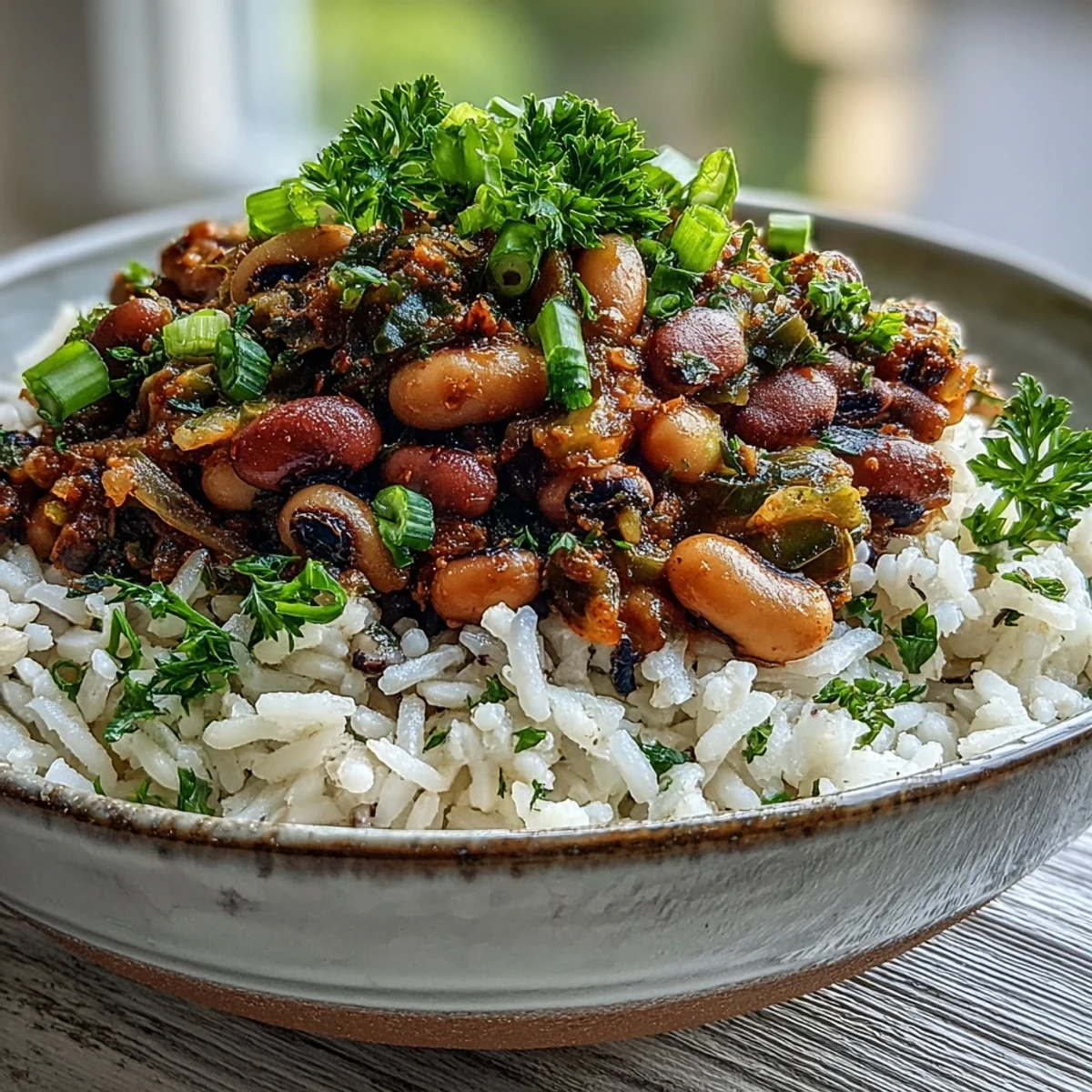 A steaming bowl of Vegetarian Hoppin' John with black-eyed peas, fluffy rice, and fresh green herbs.