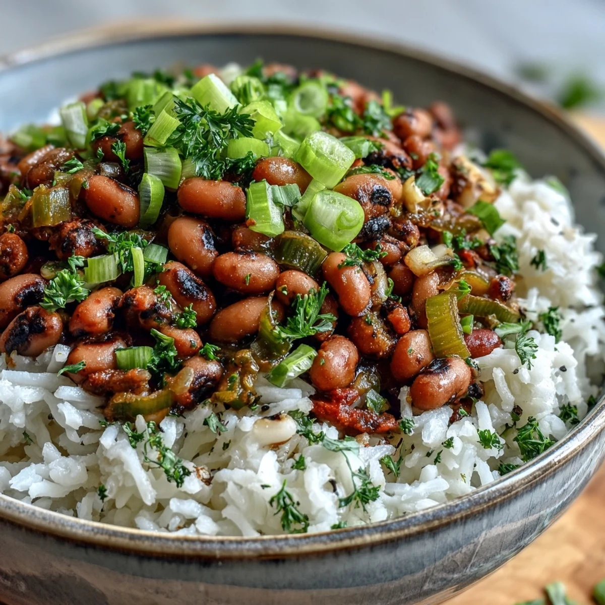 Spicy Vegetarian Hoppin' John served over white rice, garnished with fresh parsley and sliced green onions.