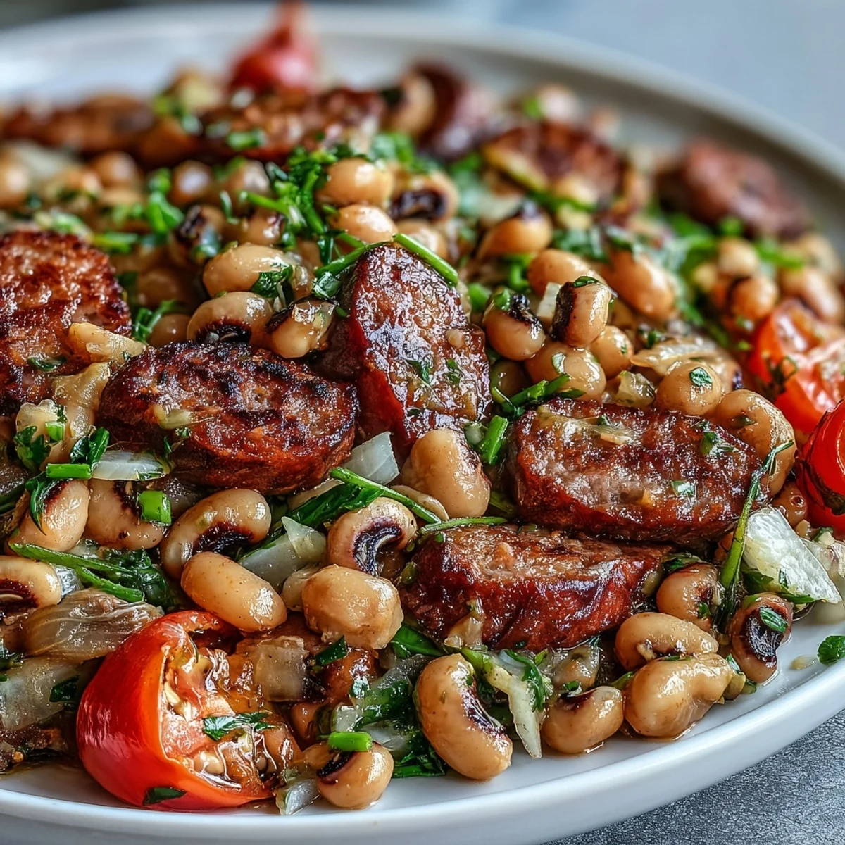 Bright and colorful Southern-style Hoppin John salad featuring turkey sausage slices, black-eyed peas, cherry tomatoes, and fresh tarragon served on mixed greens.