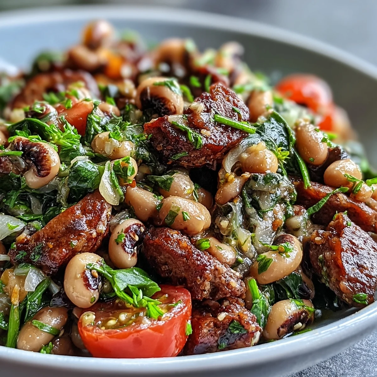 Rustic white bowl filled with Hoppin John black-eyed pea salad, turkey sausage, and crisp vegetables, garnished with fresh tarragon and ready to serve for dinner.