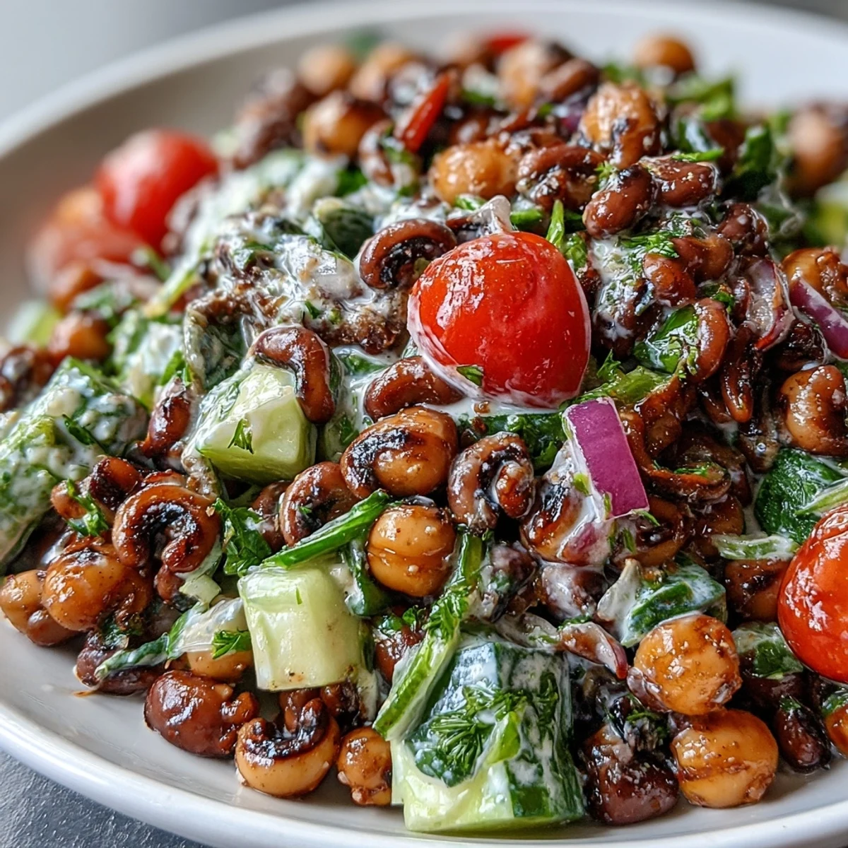 Festive New Years Hoppin John Salad with creamy tahini dressing and fresh red bell pepper. 