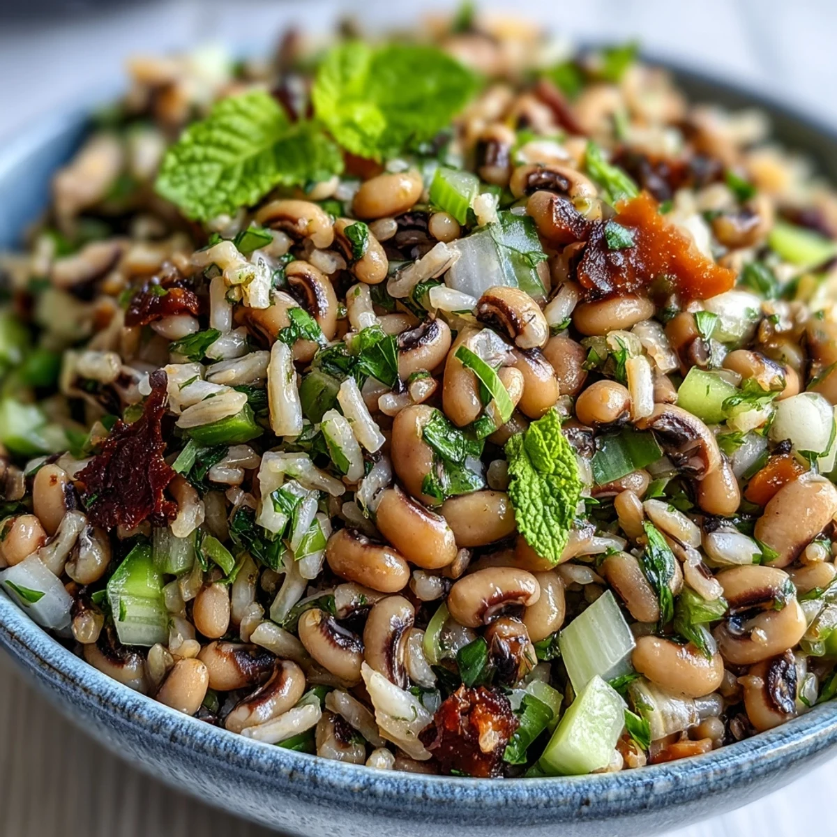 Fresh Southern Black Eyed Pea Salad with mint and lemon served chilled in a clear glass bowl.