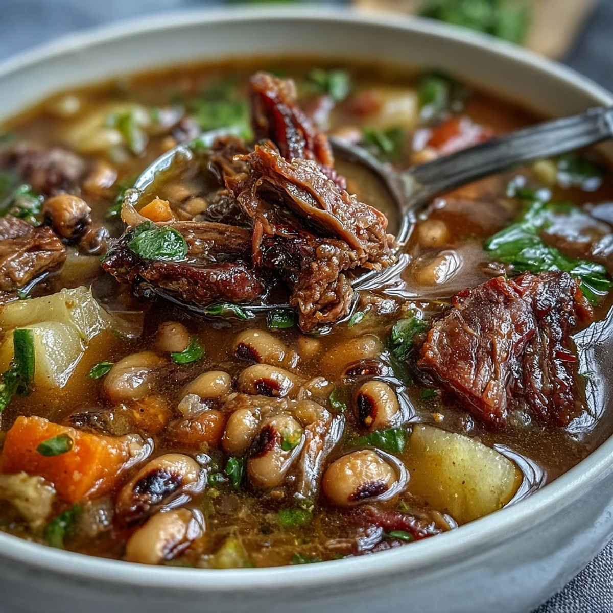 A warm bowl of Black-Eyed Pea Stew garnished with fresh parsley and flanked by a piece of cornbread, featuring tender ham hocks and vegetables.