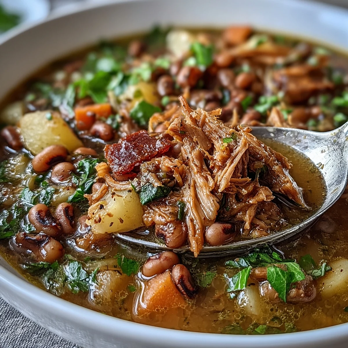 Rich Black-Eyed Pea Stew with Smoked Ham Hocks is ladled into a rustic bowl, steam rising from the savory, tomato-based broth.