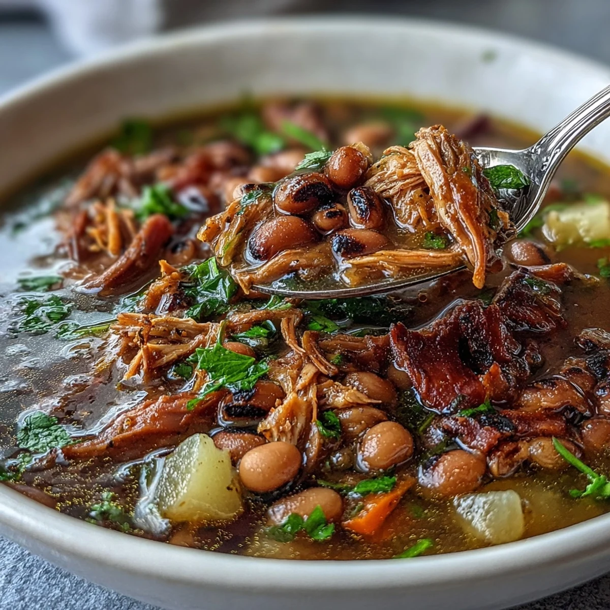 Close-up on a serving of Black-Eyed Pea Stew with Smoked Ham Hocks, revealing shredded meat, potatoes, and carrots in a flavorful broth.