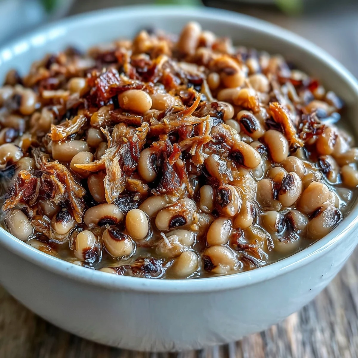 Shredded smoked turkey leg in a bowl of Crock-Pot Black-Eyed Peas, a hearty Southern meal.