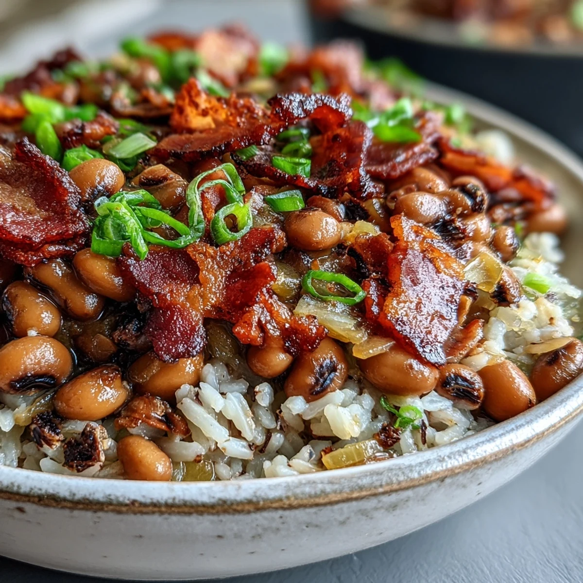 A close-up of Hoppin John, featuring tender black-eyed peas and smoky bacon bits over fluffy white rice, garnished with fresh scallions.