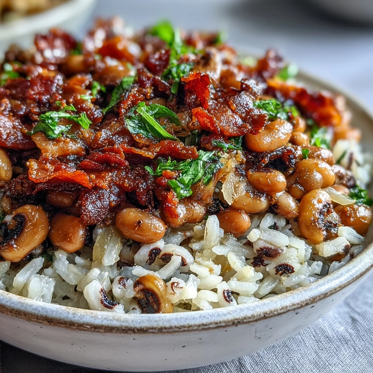 A comforting bowl of Hoppin John, a traditional Southern black-eyed pea dish served over white rice and topped with crispy bacon and hot sauce.