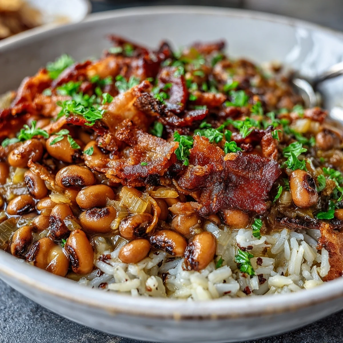 An inviting serving of Hoppin John, showcasing black-eyed peas simmered with onions and celery, plated with rice and ready to eat.