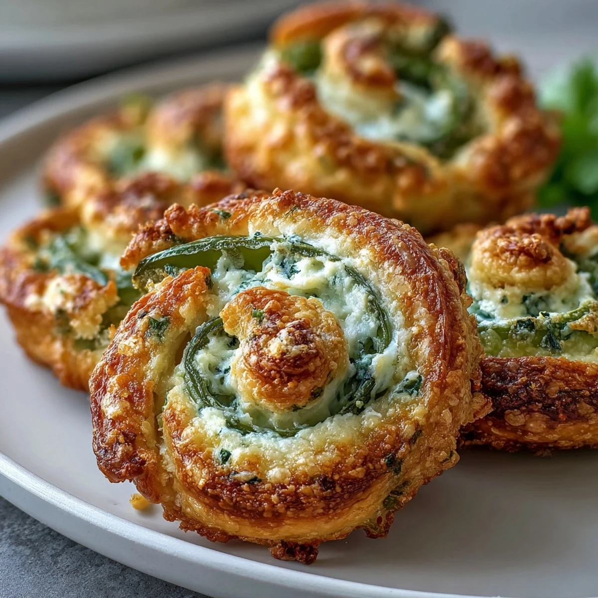 Eight twisted, golden-baked Jalapeño Popper Twists arranged on a rustic platter garnished with fresh chopped chives.