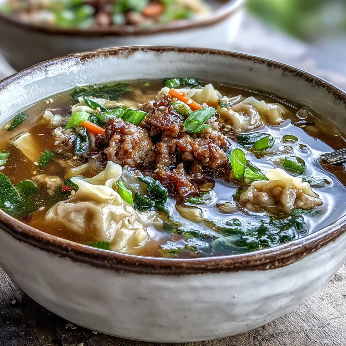 A steaming bowl of One-Pot Egg Roll Soup with Green Onions and Ginger, topped with fresh green onions and served alongside crispy wonton strips.
