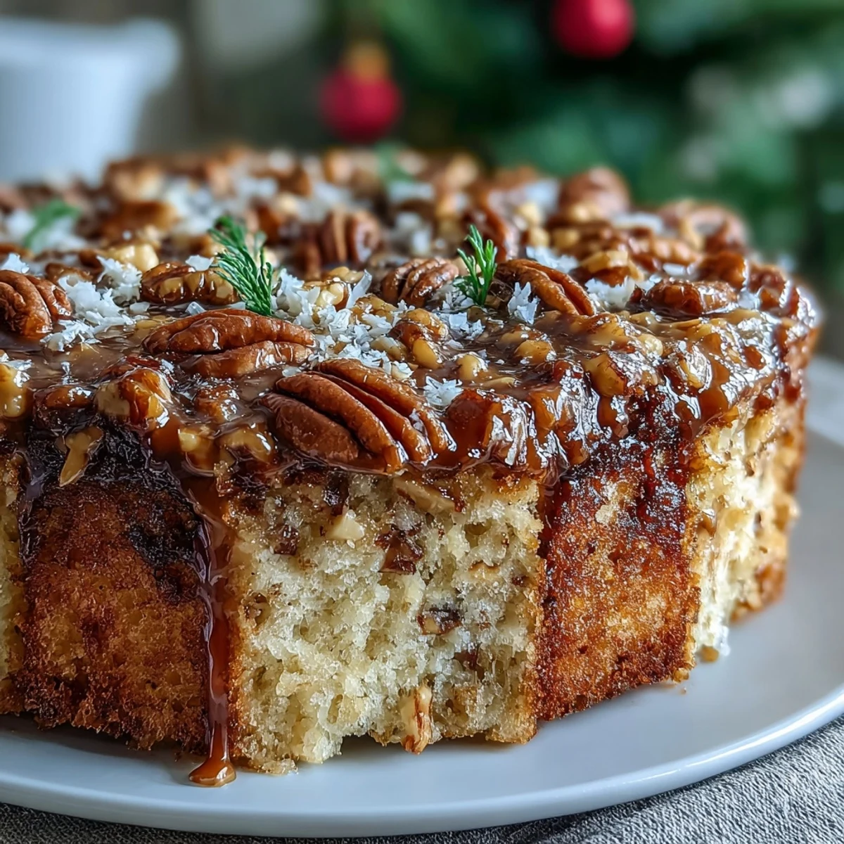 Freshly baked Christmas Toffee Crunch Cake slices show moist golden layers studded with toffee bits and chopped pecans.