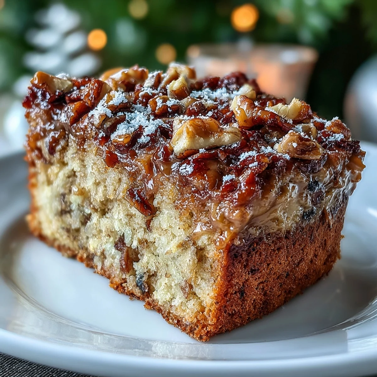 A plated slice of Christmas Toffee Crunch Cake reveals a crumbly texture with toffee bits and nuts, served with whipped cream.