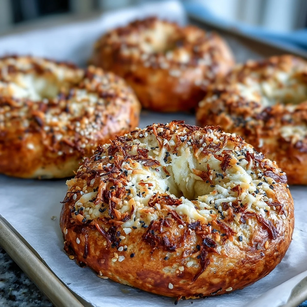 Four warm Greek Yogurt Bagels topped with sesame seeds and shredded cheese, ready to serve for a healthy breakfast.