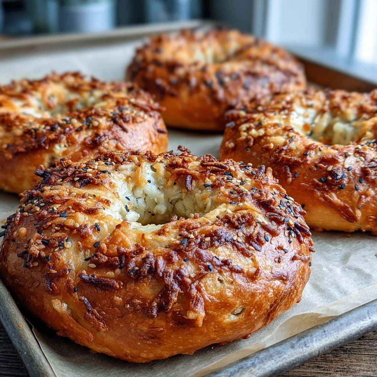 Perfectly chewy Greek Yogurt Bagels cooling on a wire rack, paired with cream cheese for a quick, protein-rich meal.
