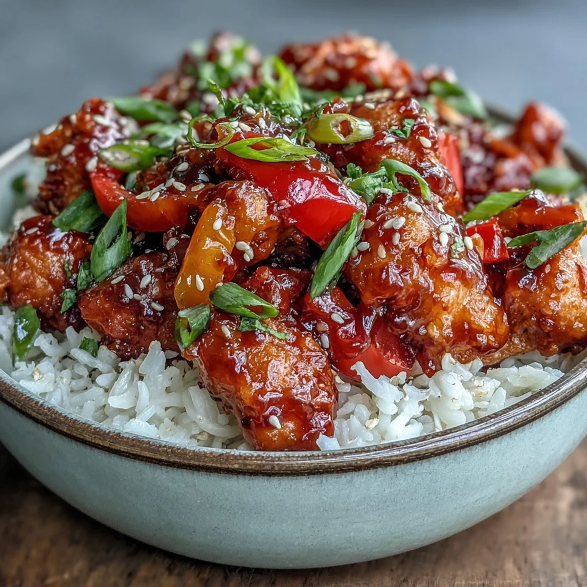 Sizzling Spicy Sweet Chicken Diablo served hot over fluffy jasmine rice, garnished with fresh green onions and sesame seeds.