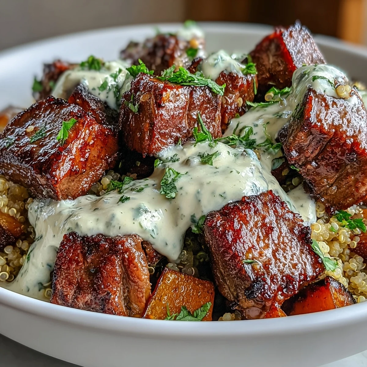 Savory Butternut Squash & Garlic Herb Steak Bowls feature seared steak bites, golden roasted squash, and a creamy garlic herb sauce over fluffy quinoa.