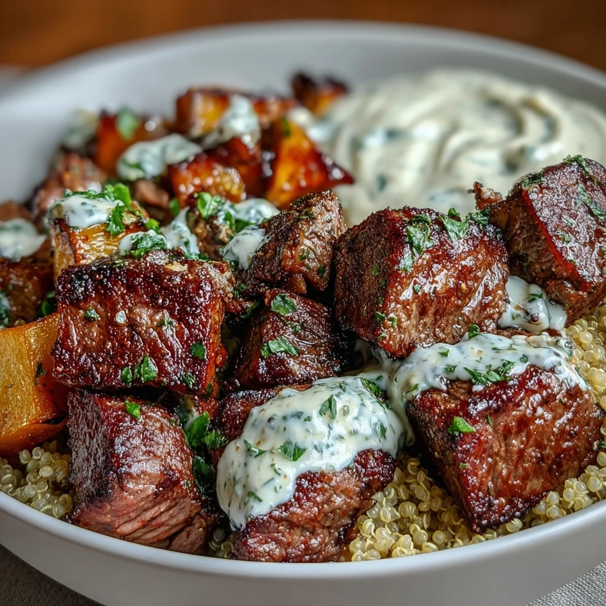 A close-up of Savory Butternut Squash & Garlic Herb Steak Bowls shows tender steak, vibrant squash cubes, and a rich drizzle of garlic herb cream.