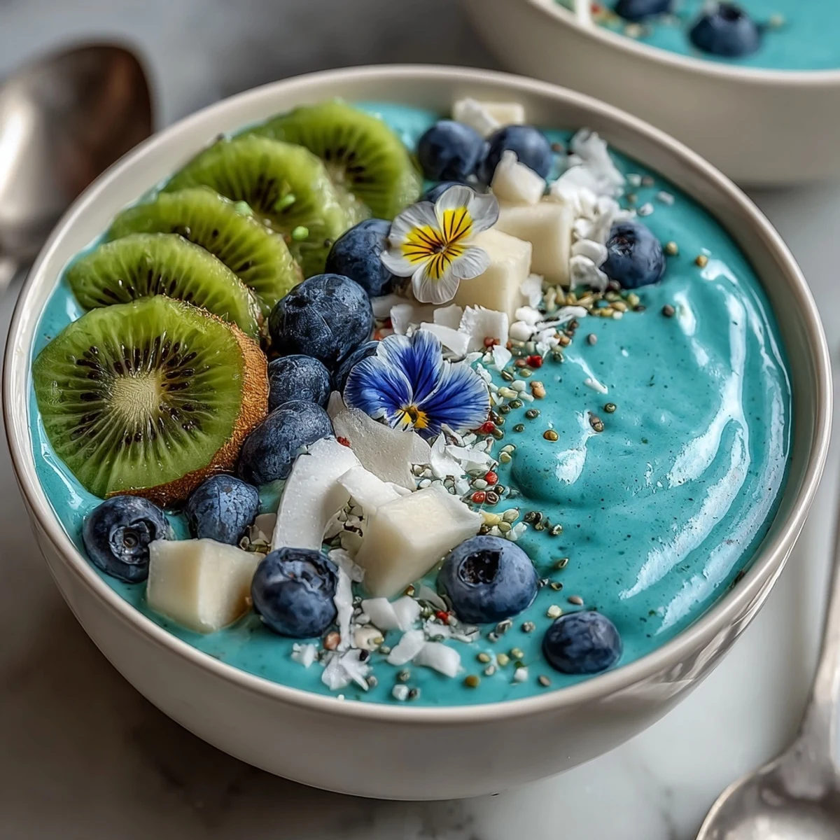 Lush green kiwi slices and fresh blueberries garnish this vibrant Whimsical Healthy Mermaid Smoothie Bowl served in a white bowl.