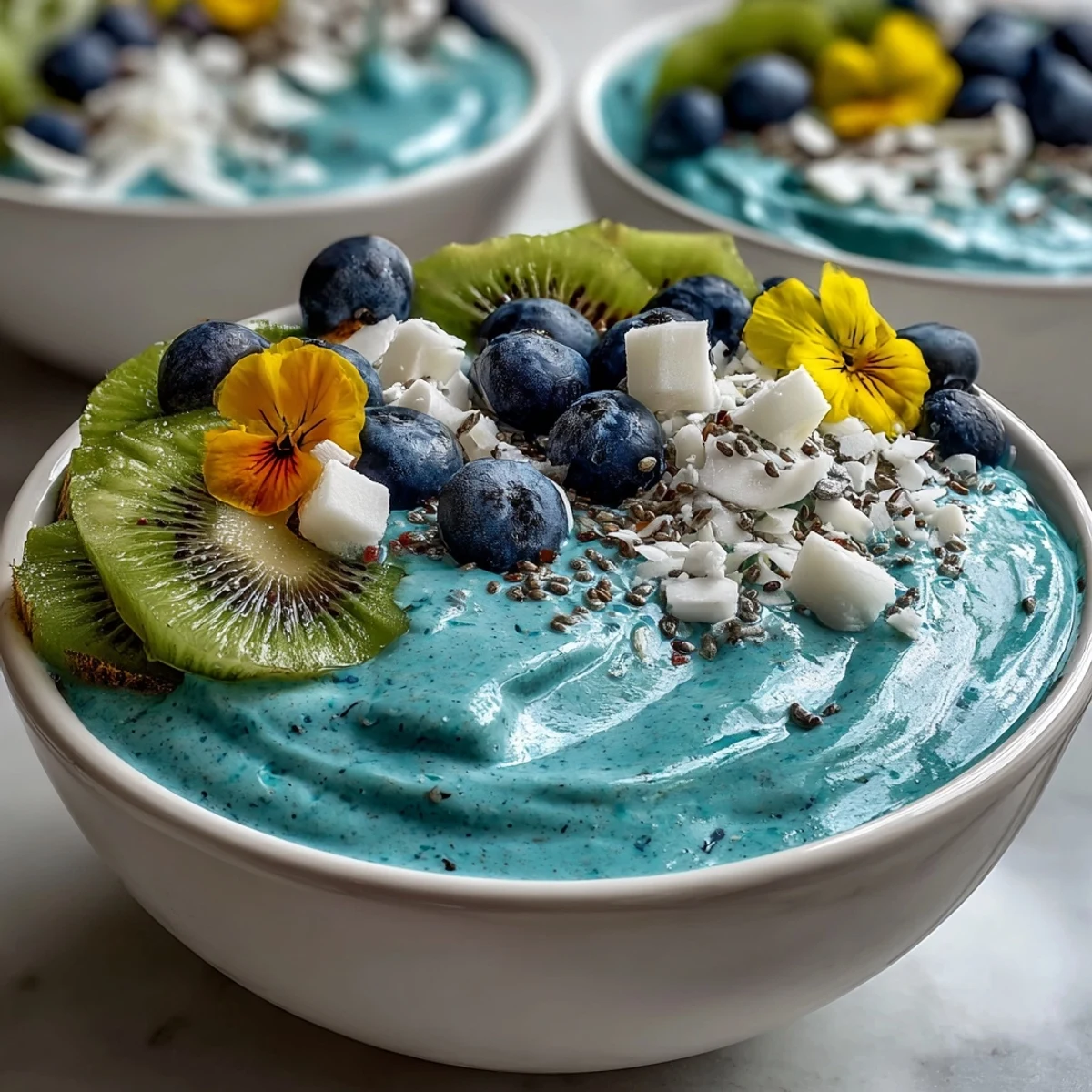 Close-up of a thick, spoon-ready Whimsical Healthy Mermaid Smoothie Bowl with coconut flakes and edible flowers for a dreamy breakfast.