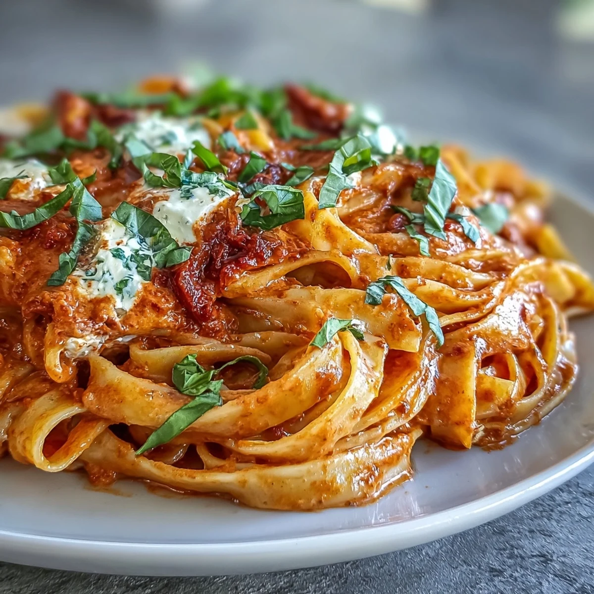 Creamy Red Pepper Pasta with Burrata & Herbs is plated in a shallow bowl, with torn burrata and fresh basil.